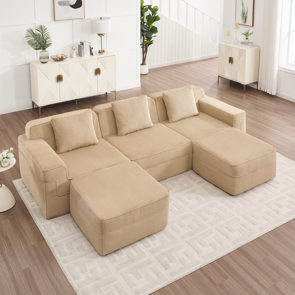 Modular 3 Seat U Shape Sectional Boneless Sofa, Cloud Sectional Couch with Deep Seat, Modern Modular 3-Seat Sofa Couch with Throw Pillows and 2 Movable Ottomans, Corduroy Fabric Camel