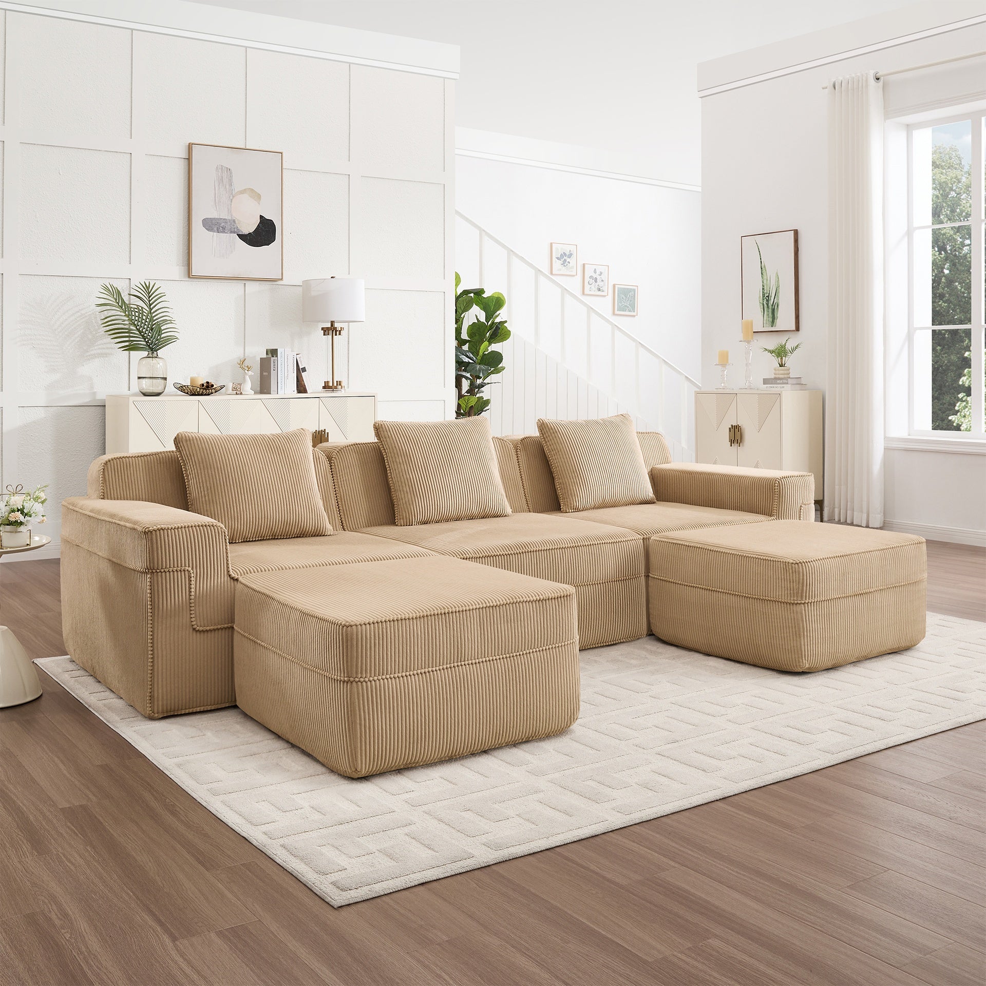 Modular 3 Seat U Shape Sectional Boneless Sofa, Cloud Sectional Couch with Deep Seat, Modern Modular 3-Seat Sofa Couch with Throw Pillows and 2 Movable Ottomans, Corduroy Fabric Camel