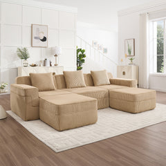 Modular 3 Seat U Shape Sectional Boneless Sofa, Cloud Sectional Couch with Deep Seat, Modern Modular 3-Seat Sofa Couch with Throw Pillows and 2 Movable Ottomans, Corduroy Fabric Camel