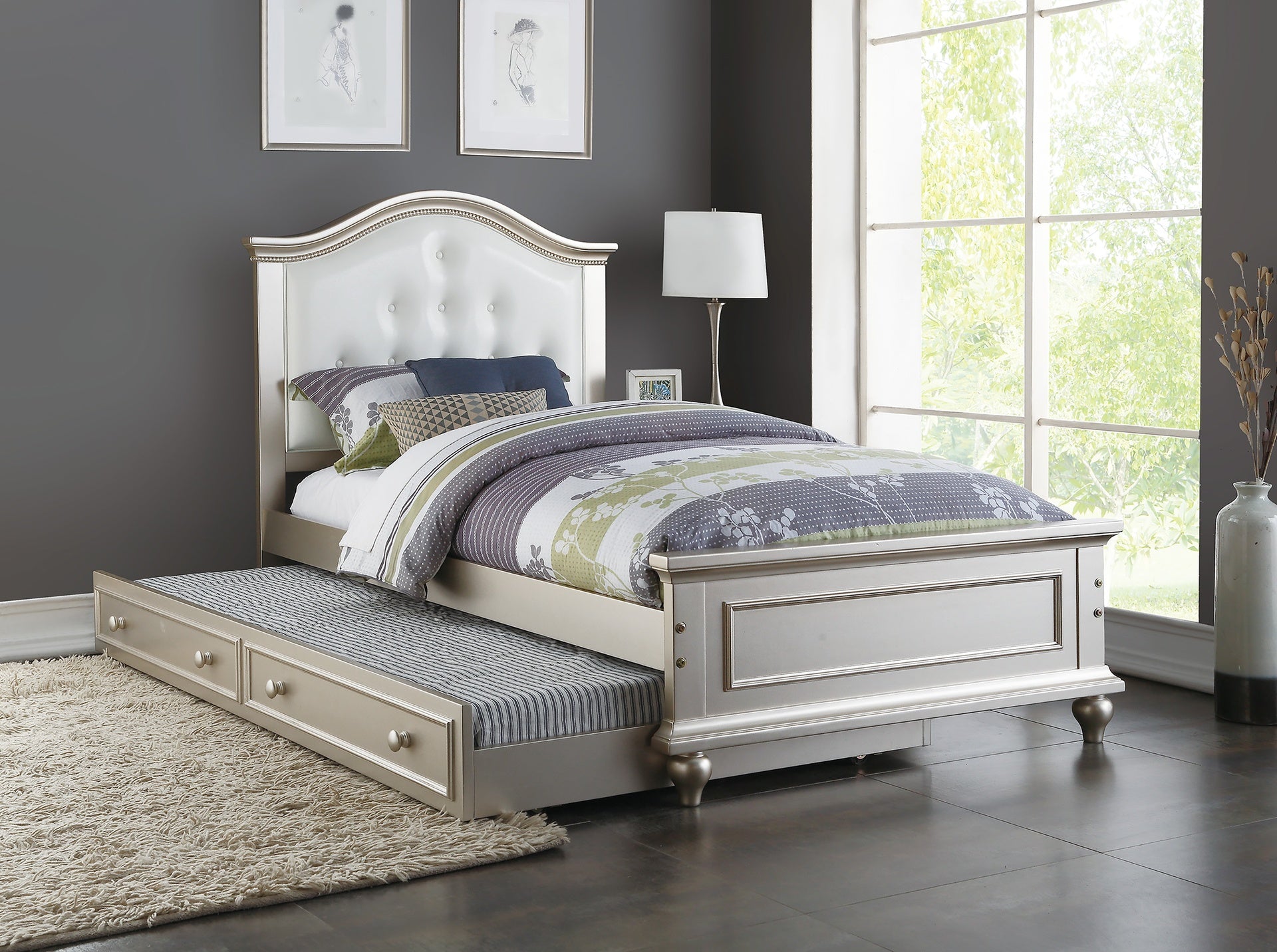 Contemporary Style Silver Twin Size Bed w/ Trundle Slats Pine Plywood Kids Youth Bedroom Furniture White Faux Leather Tufted HB
