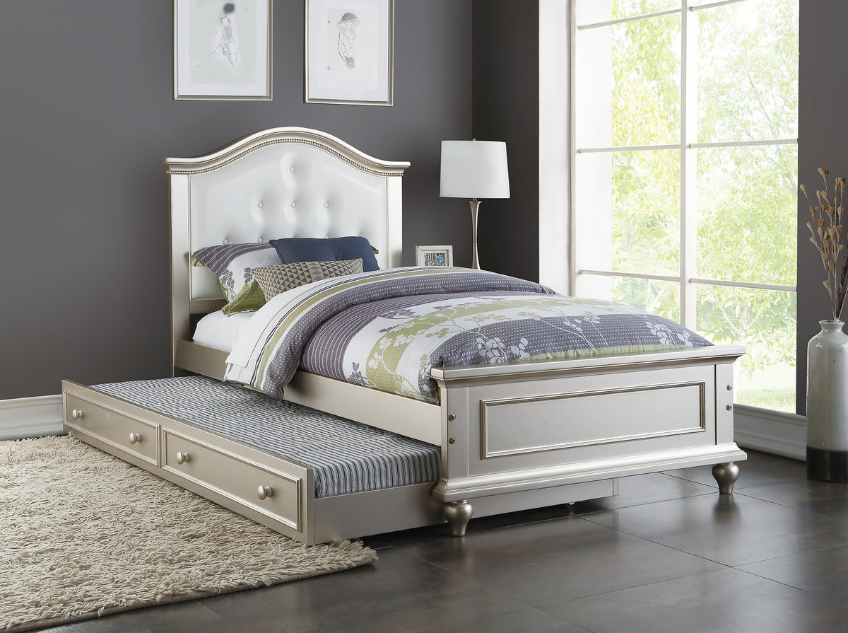 Contemporary Style Silver Twin Size Bed w/ Trundle Slats Pine Plywood Kids Youth Bedroom Furniture White Faux Leather Tufted HB