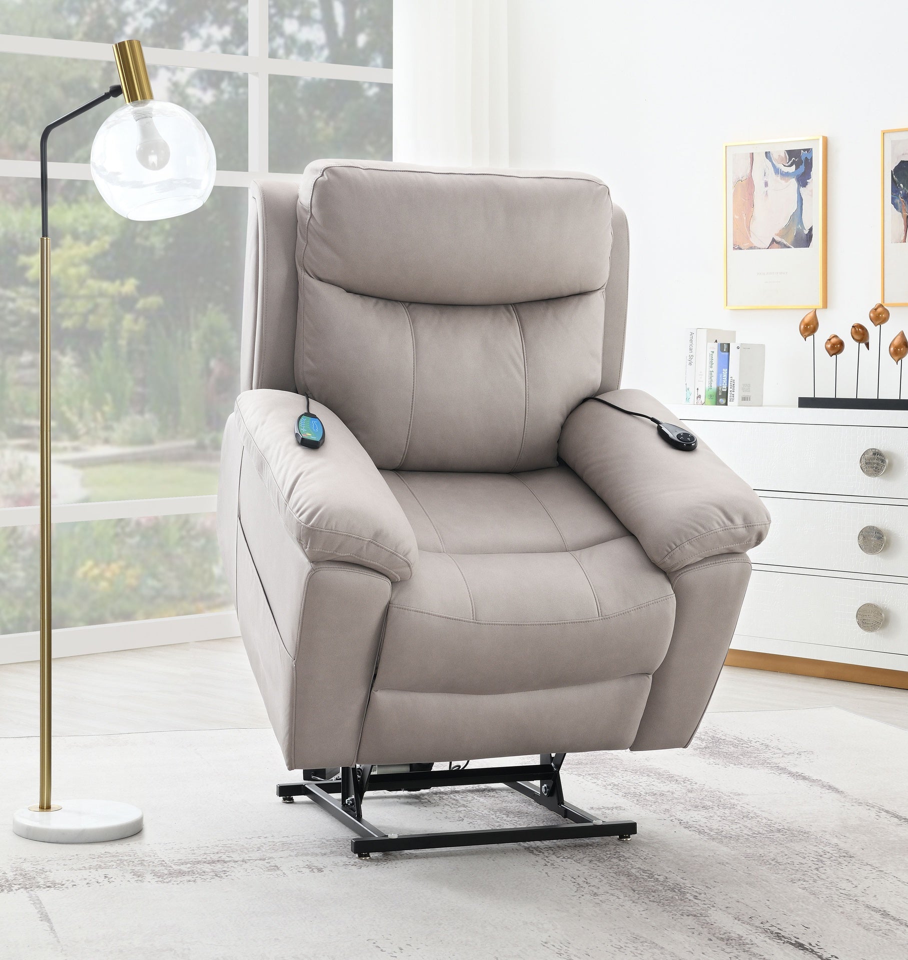 Chriki Light Gray Polished Microfiber Power Motion Recliner with Lift, Heating & Massage Chair
