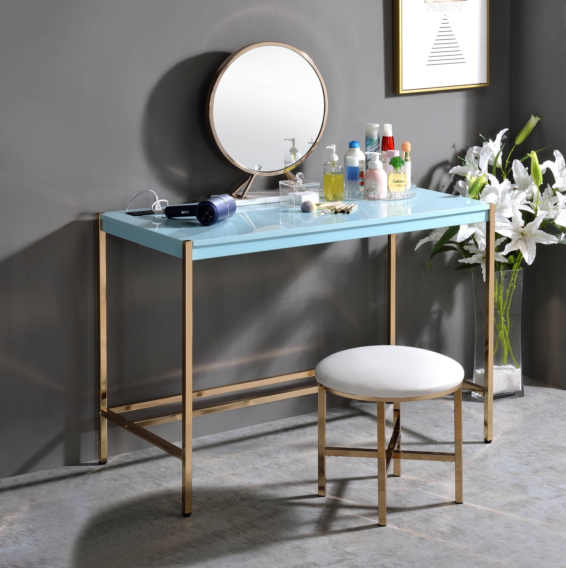 Midriaks Baby Blue & Gold Finish Writing Desk W/USB