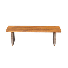 Outdoor Acacia Wood Bench(Set of 2),Teak Finish+ Brown Wicker
