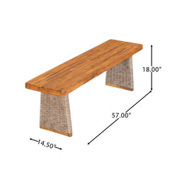 Outdoor Acacia Wood Bench(Set of 2),Teak Finish+ Brown Wicker