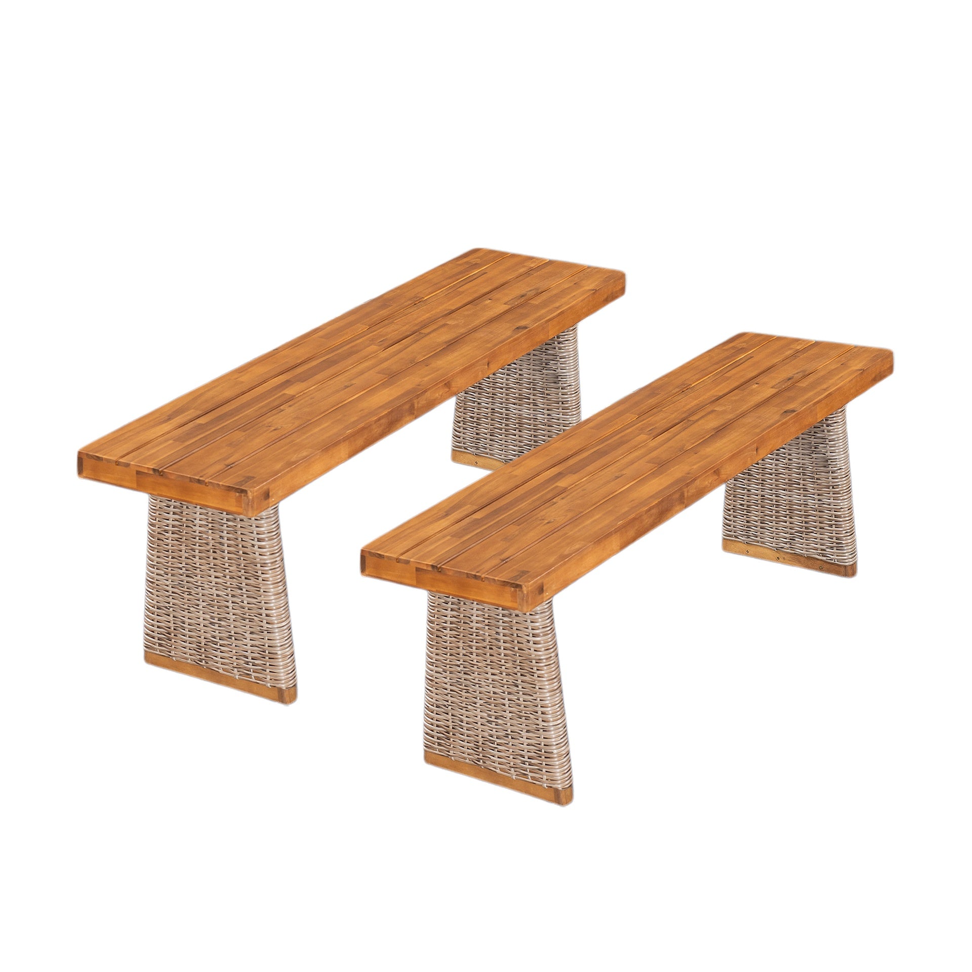 Outdoor Acacia Wood Bench(Set of 2),Teak Finish+ Brown Wicker