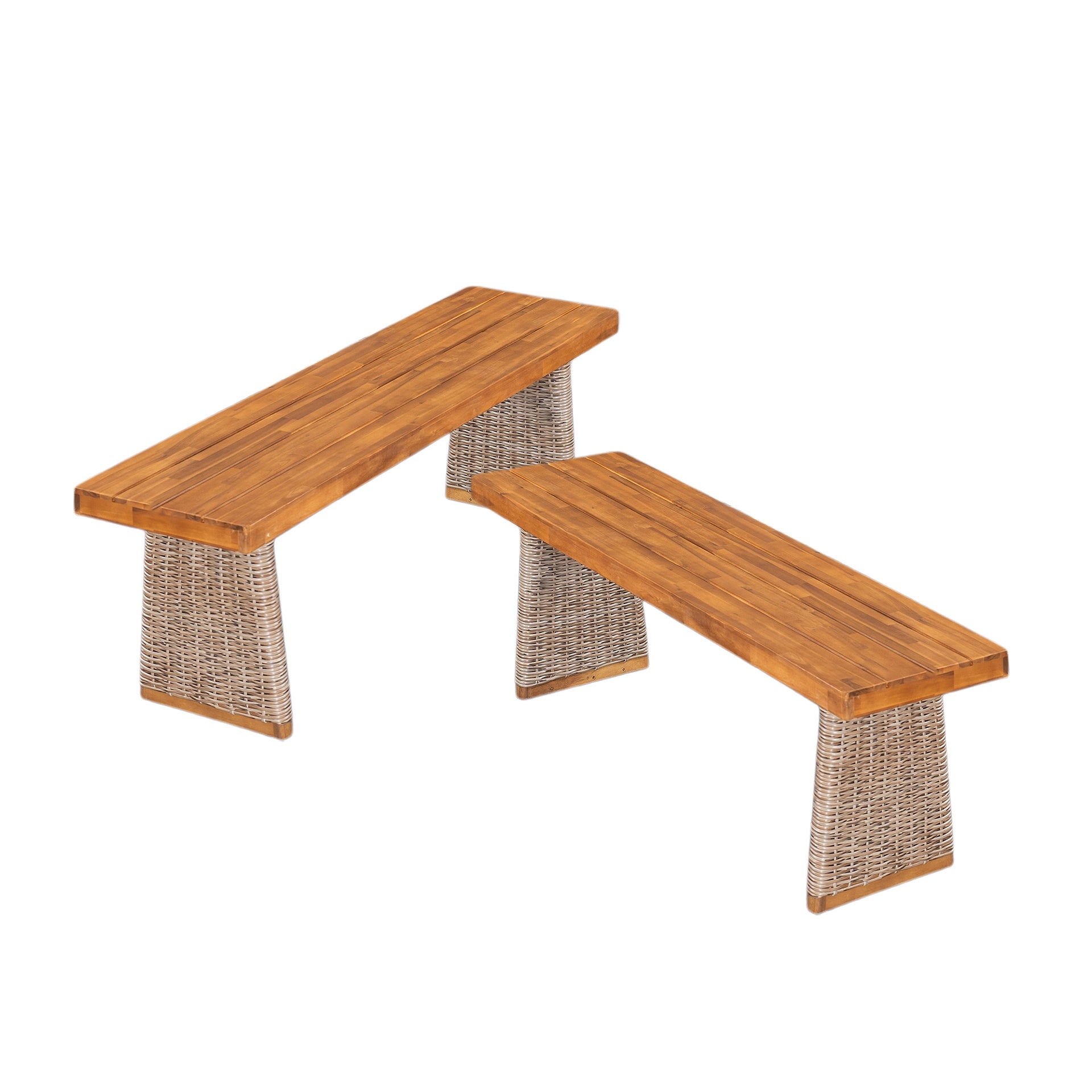 Outdoor Acacia Wood Bench(Set of 2),Teak Finish+ Brown Wicker