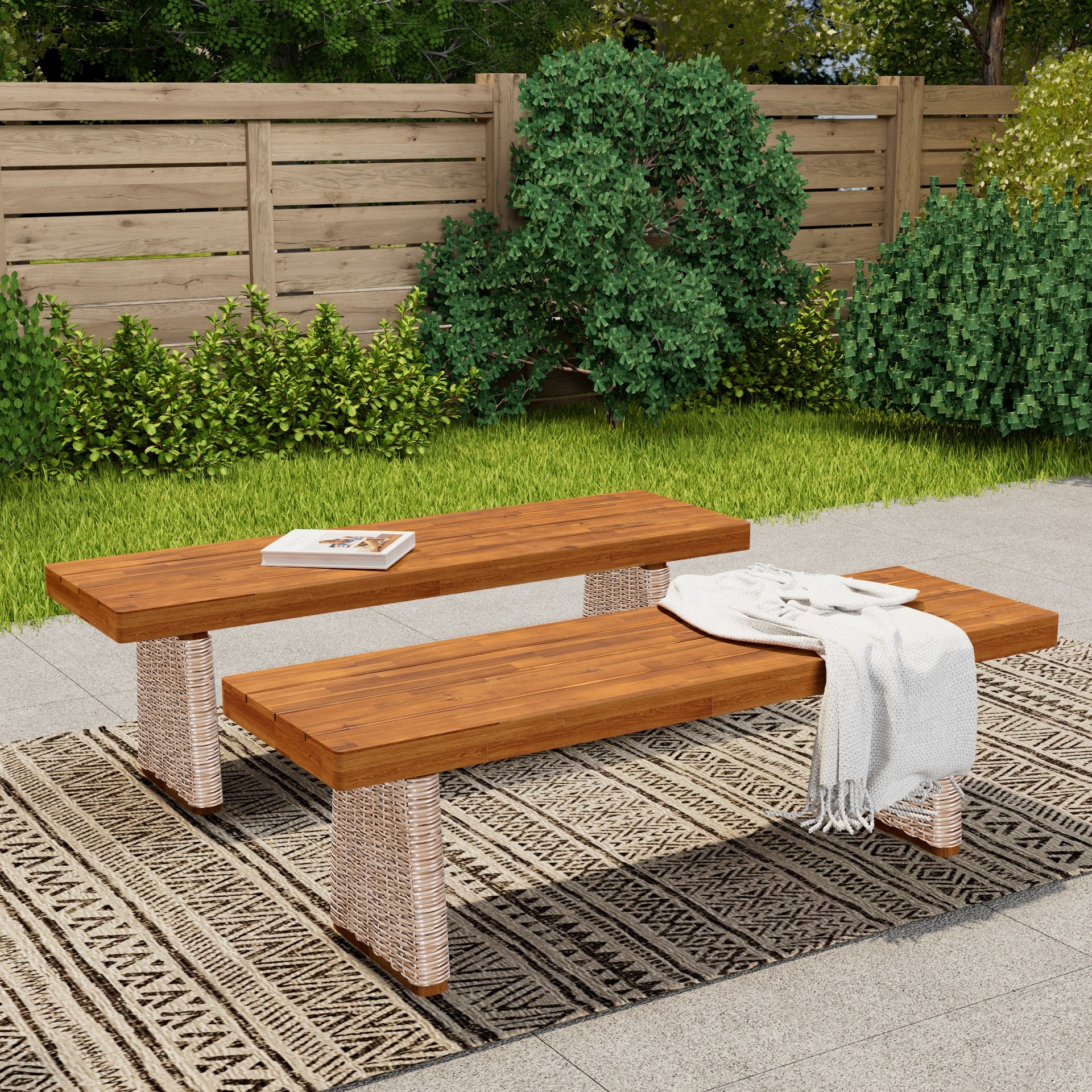 Outdoor Acacia Wood Bench(Set of 2),Teak Finish+ Brown Wicker