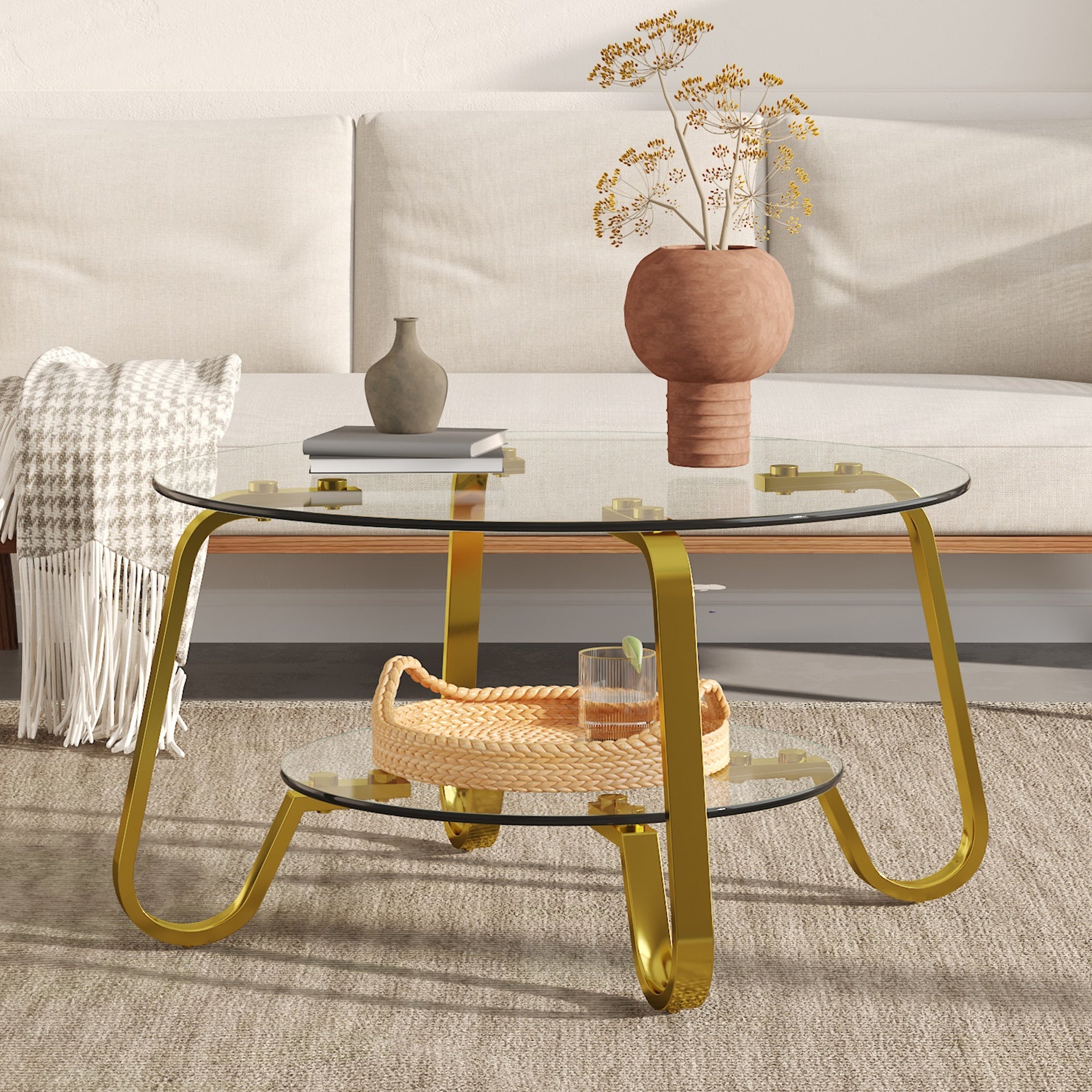 Retro minimalist style metal frame double-layer tempered glass coffee table, size 31.5 * 31.5 * 17.7 inches, adding a touch of elegance to your living room