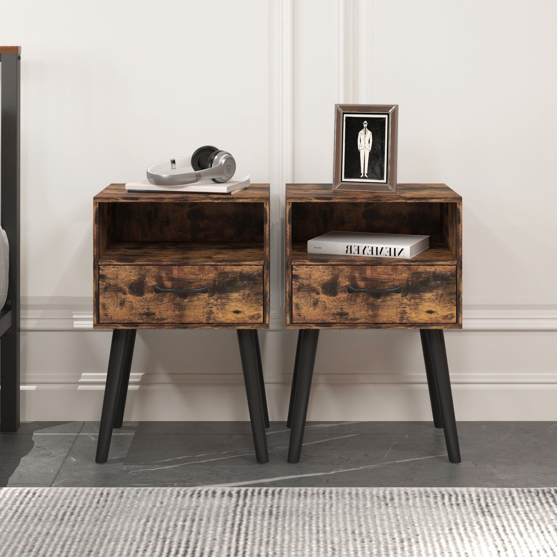 Nightstand,Modern Bedside Table with Storage Drawer and Open Wood Shelf, for Living Room, Bedroom and Small Spaces, Accent Night Stand, Easy Assembly