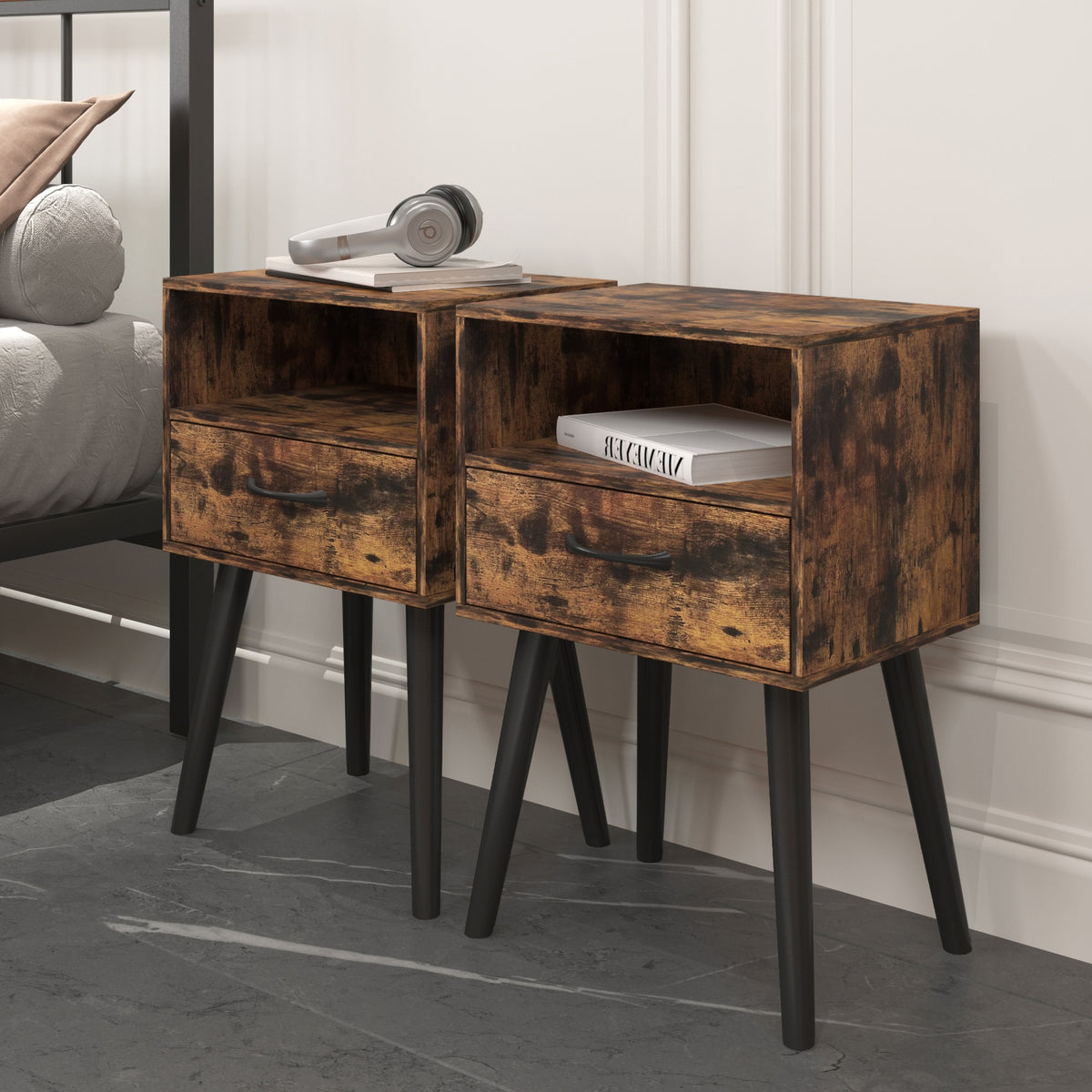 Nightstand,Modern Bedside Table with Storage Drawer and Open Wood Shelf, for Living Room, Bedroom and Small Spaces, Accent Night Stand, Easy Assembly
