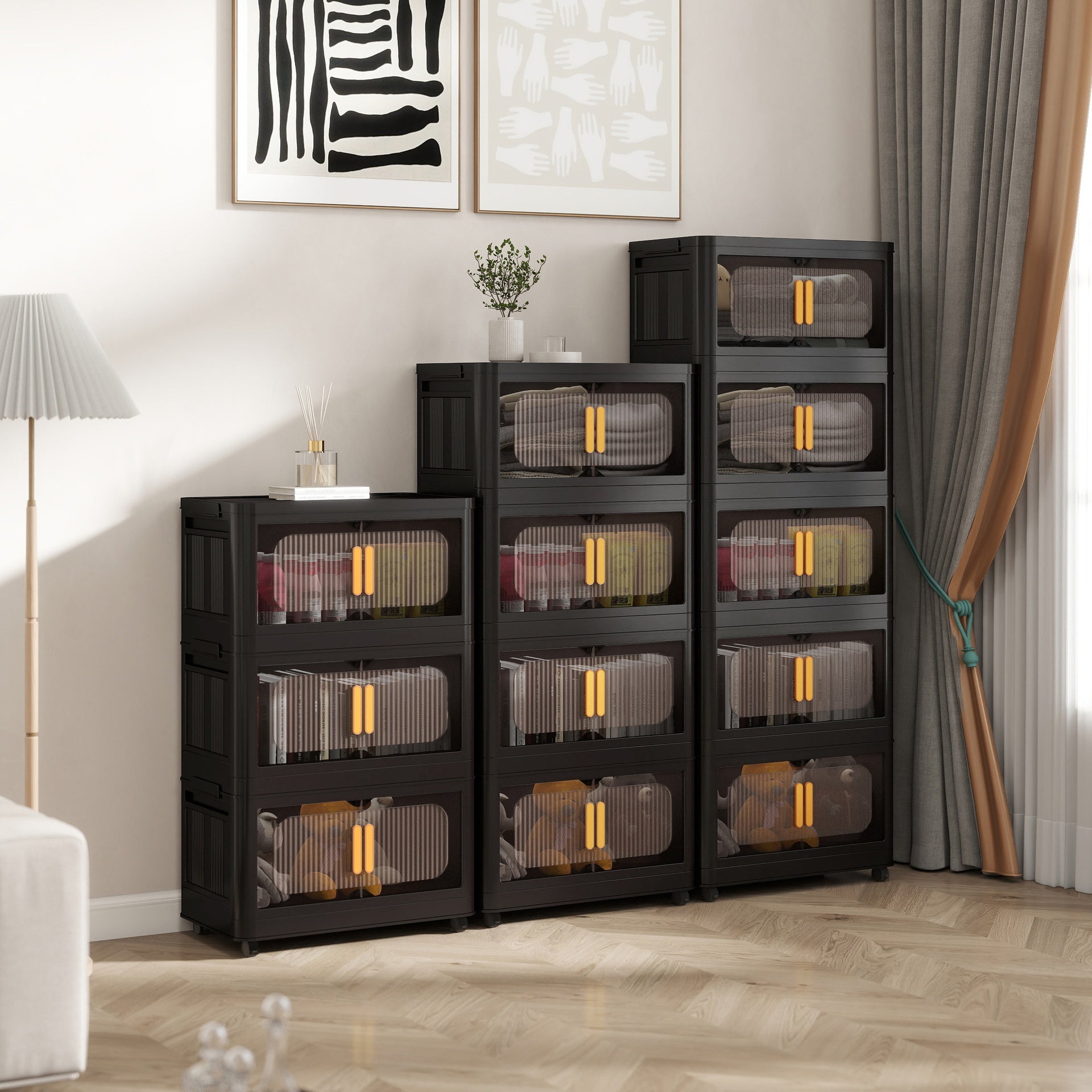 Black,24" Side Wide Folding Storage Cabinet ,4 Tiers,23.62"×13.78"×48.43",Collapsible Storage Bins with Magnetic Door, Plastic Storage Cabinet with Wheels