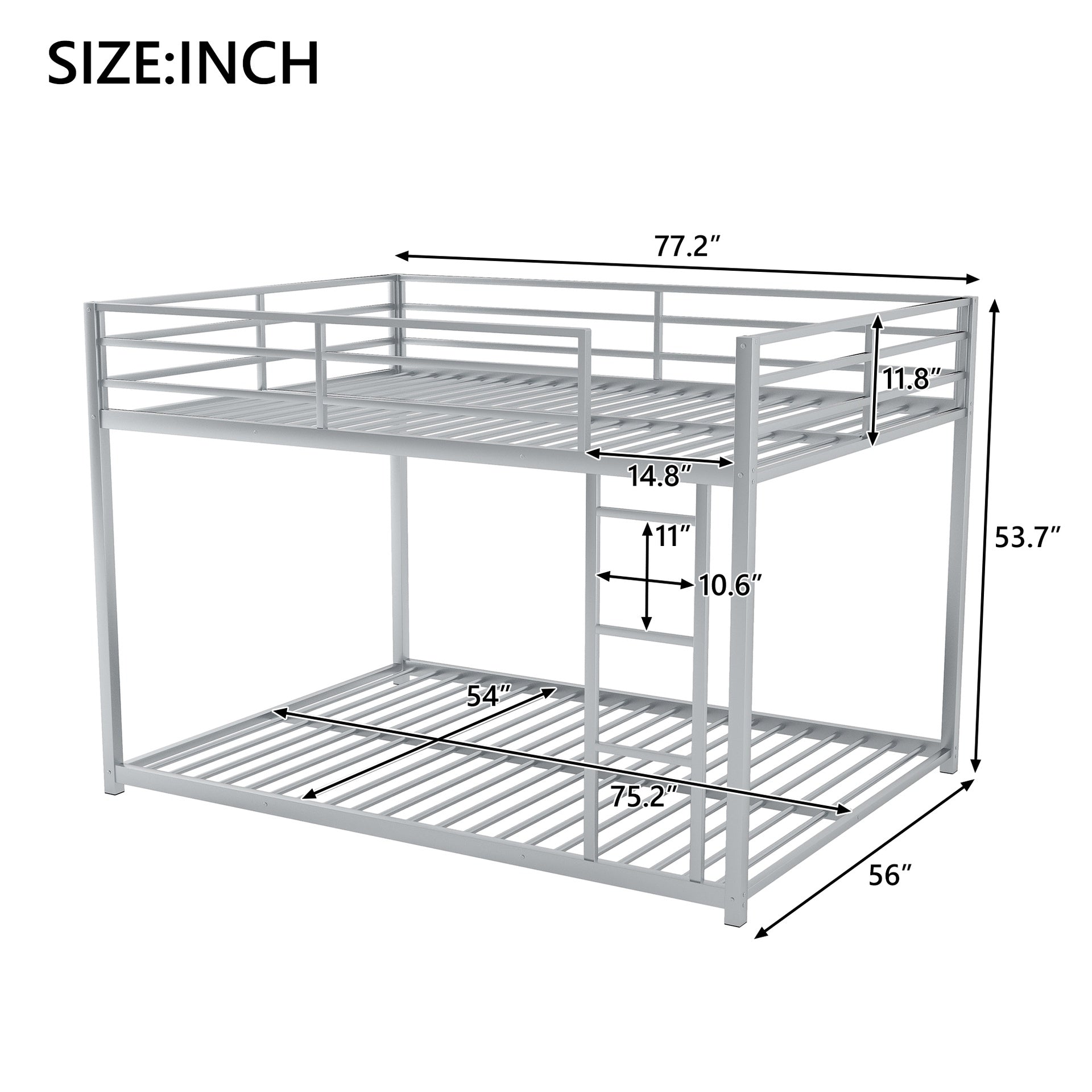 Full over Full Metal Bunk Bed, Low Bunk Bed with Ladder, Silver(Old SKU:MF197034AAN)