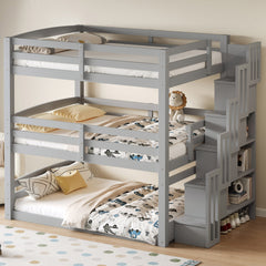 Full Size Triple Bunk Bed with Storage Staircase,Separate Design,Gray