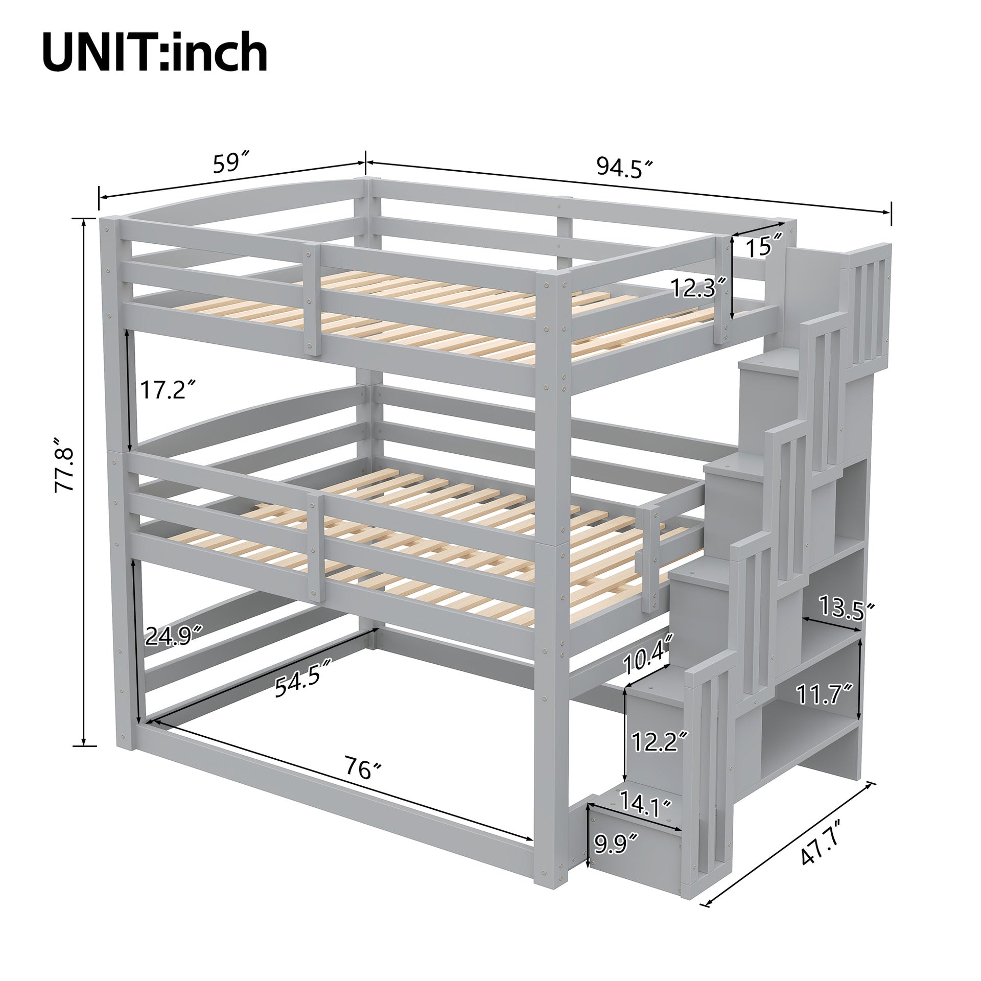 Full Size Triple Bunk Bed with Storage Staircase,Separate Design,Gray