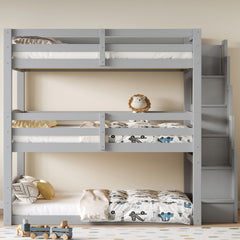 Full Size Triple Bunk Bed with Storage Staircase,Separate Design,Gray