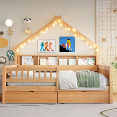 Wood Full Size House Platform Beds with LED, Storage Shelves, Drawers and Guardrail, Natural