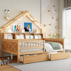 Wood Full Size House Platform Beds with LED, Storage Shelves, Drawers and Guardrail, Natural