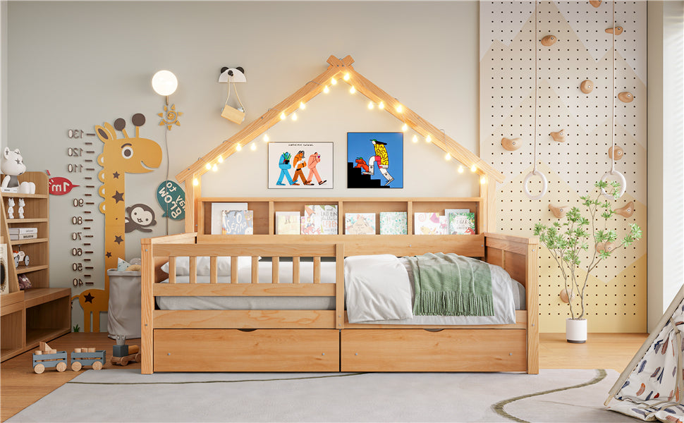 Wood Full Size House Platform Beds with LED, Storage Shelves, Drawers and Guardrail, Natural