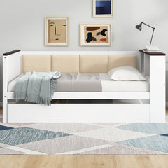 Twin Size Wood Daybed with Storage Shelves, Upholstered Backrest,USB and Trundle, White
