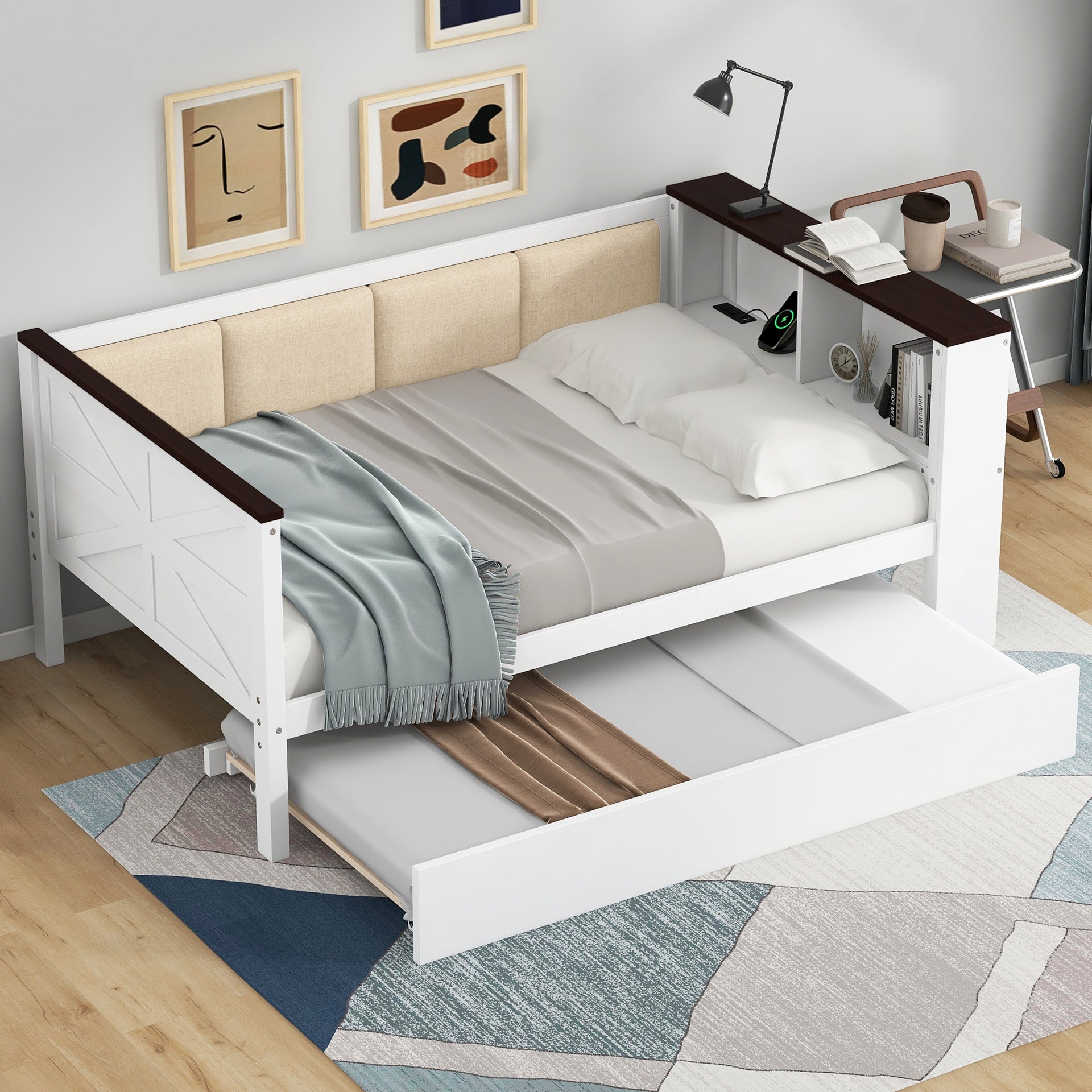 Twin Size Wood Daybed with Storage Shelves, Upholstered Backrest,USB and Trundle, White