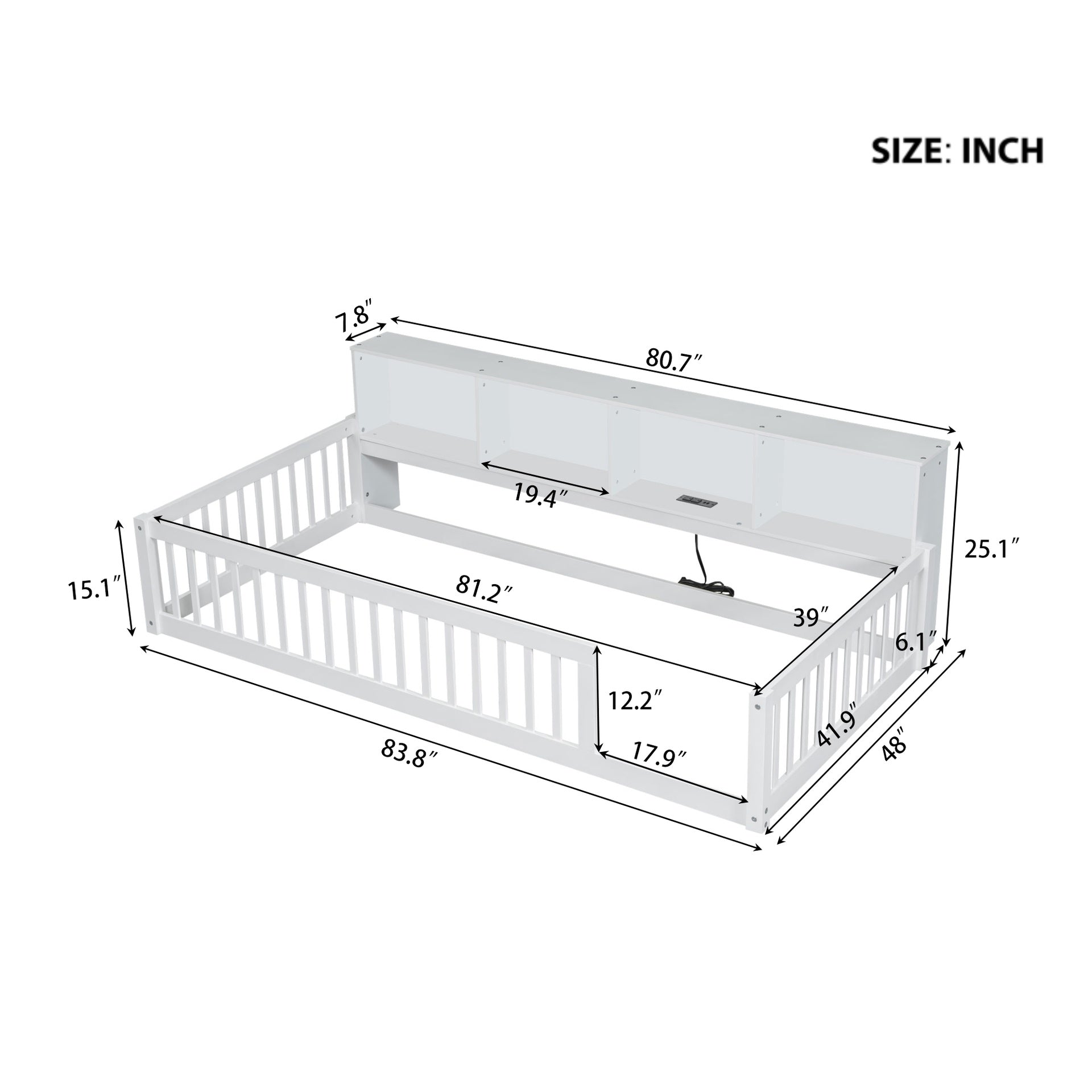 Wood Twin XL Size Floor Bed with Storage Cabinets and USB Ports, White