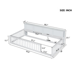 Wood Twin XL Size Floor Bed with Storage Cabinets and USB Ports, White