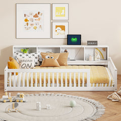 Wood Twin XL Size Floor Bed with Storage Cabinets and USB Ports, White