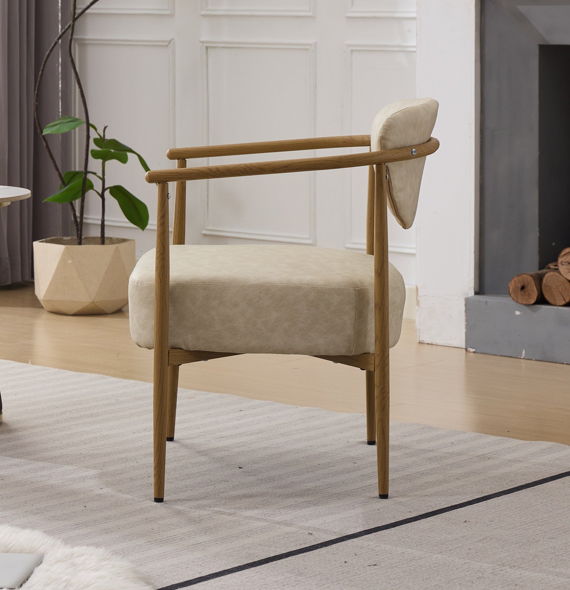 Beige PU color dining room chair, living room chair, bedroom chair, PU with foam back and seat,soft and comfortable seating, metal frame with water transfer pringting, wood grain visual