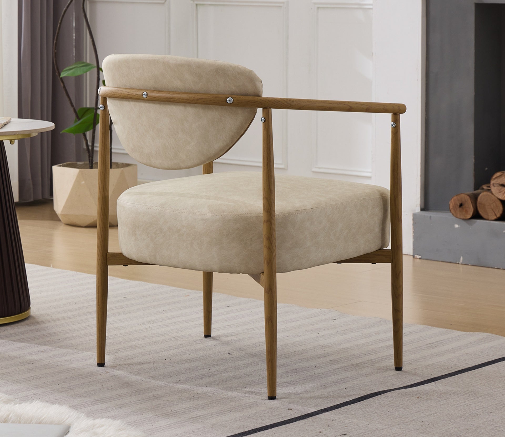 Beige PU color dining room chair, living room chair, bedroom chair, PU with foam back and seat,soft and comfortable seating, metal frame with water transfer pringting, wood grain visual