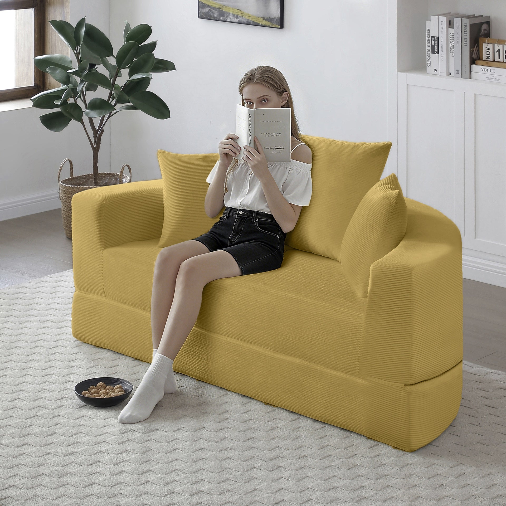 Convertible sofa couch bed,multi-functional,circular bed,adjustable Futon sofa ,No Assembly compressed corduroy floor lounge sofa for Apartment office bedroom living room