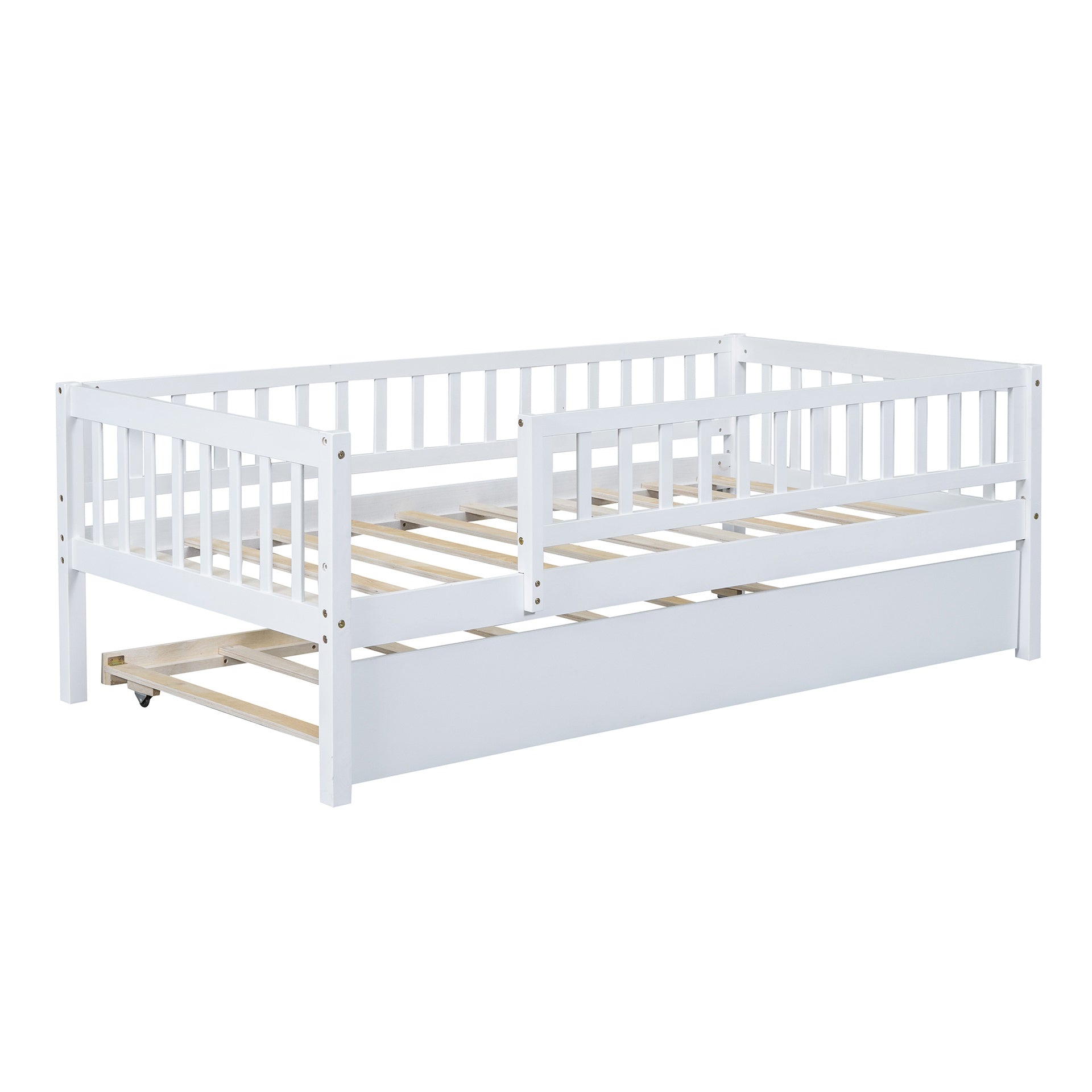 Twin Size Wood Daybed with Trundle and Fence Guardrails, White