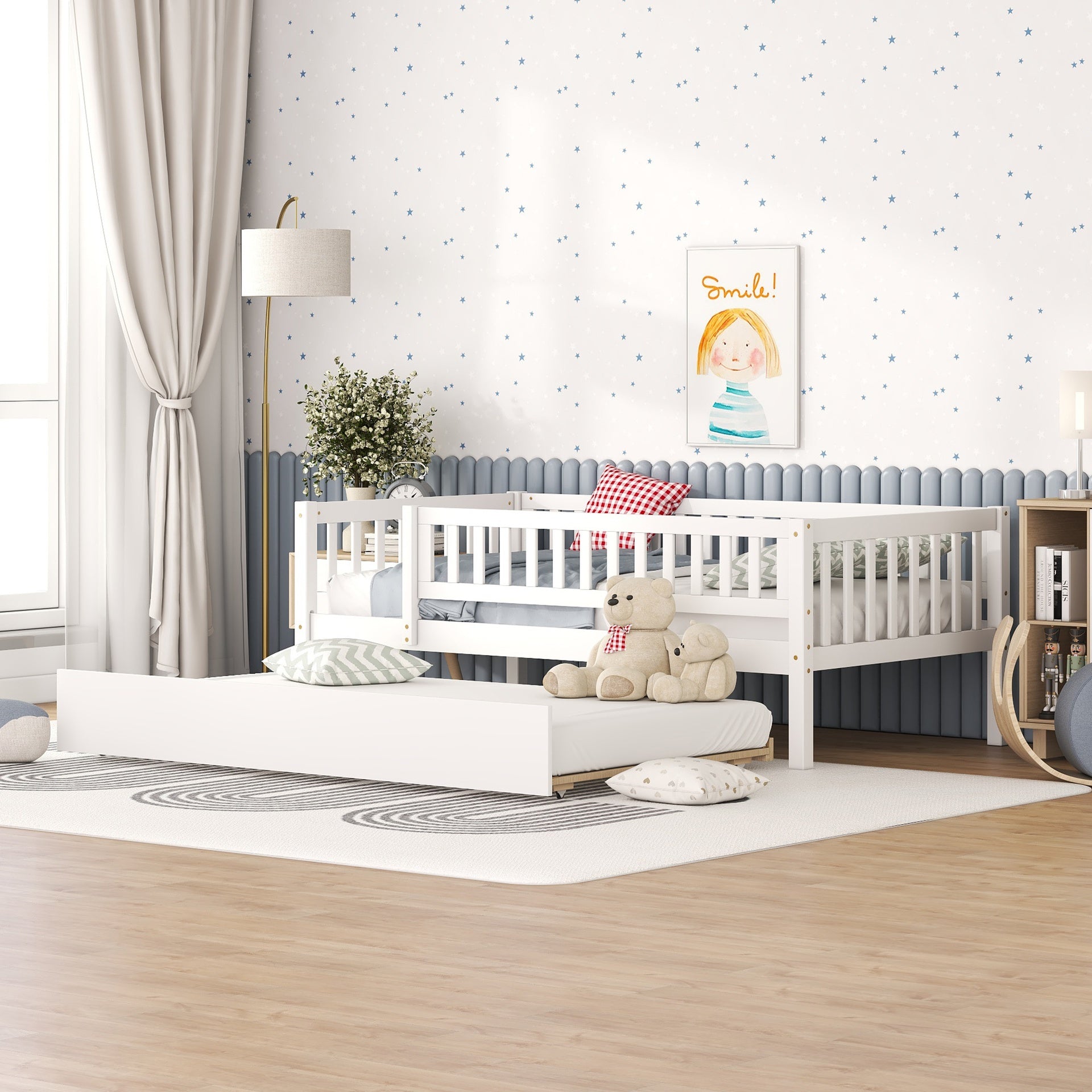 Twin Size Wood Daybed with Trundle and Fence Guardrails, White