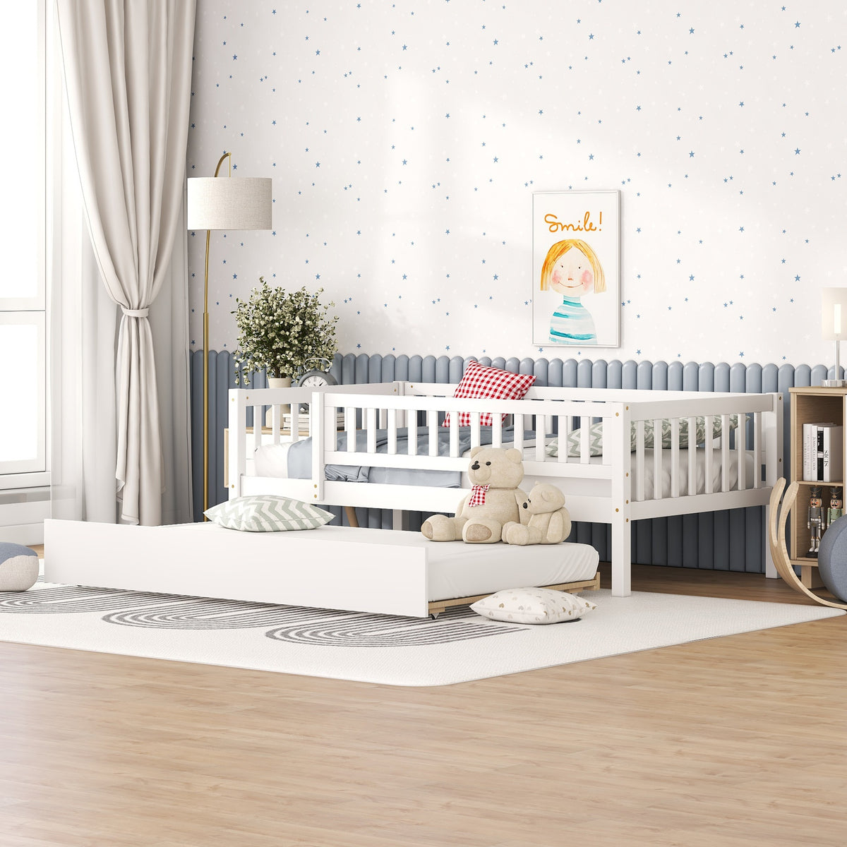 Twin Size Wood Daybed with Trundle and Fence Guardrails, White