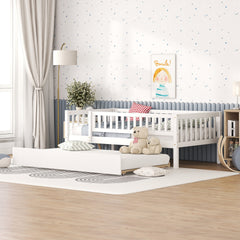 Twin Size Wood Daybed with Trundle and Fence Guardrails, White