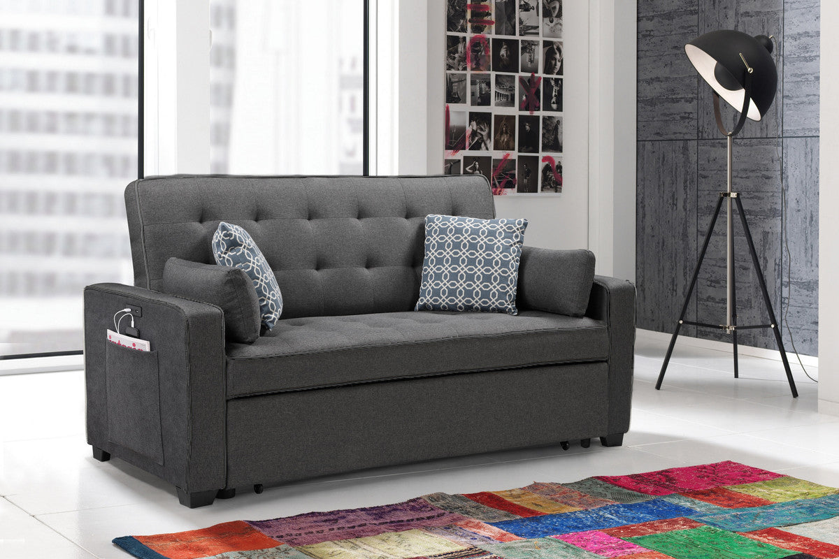 Cody 70" Modern Gray Fabric Sleeper Sofa with 2 USB Charging Ports and 4 Accent Pillows