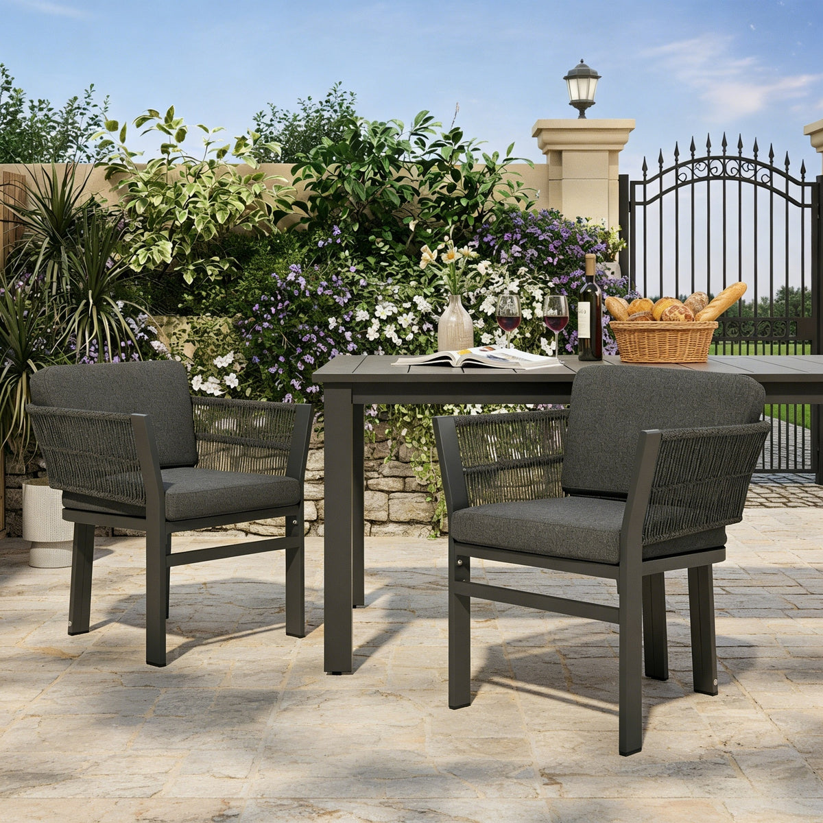 Outdoor Dining Chair Set of 2 ,Grey Aluminum Frame with Grey Cushion, 300lbs Capacity, All-Weather Patio Seating for Backyard, Deck & Garden