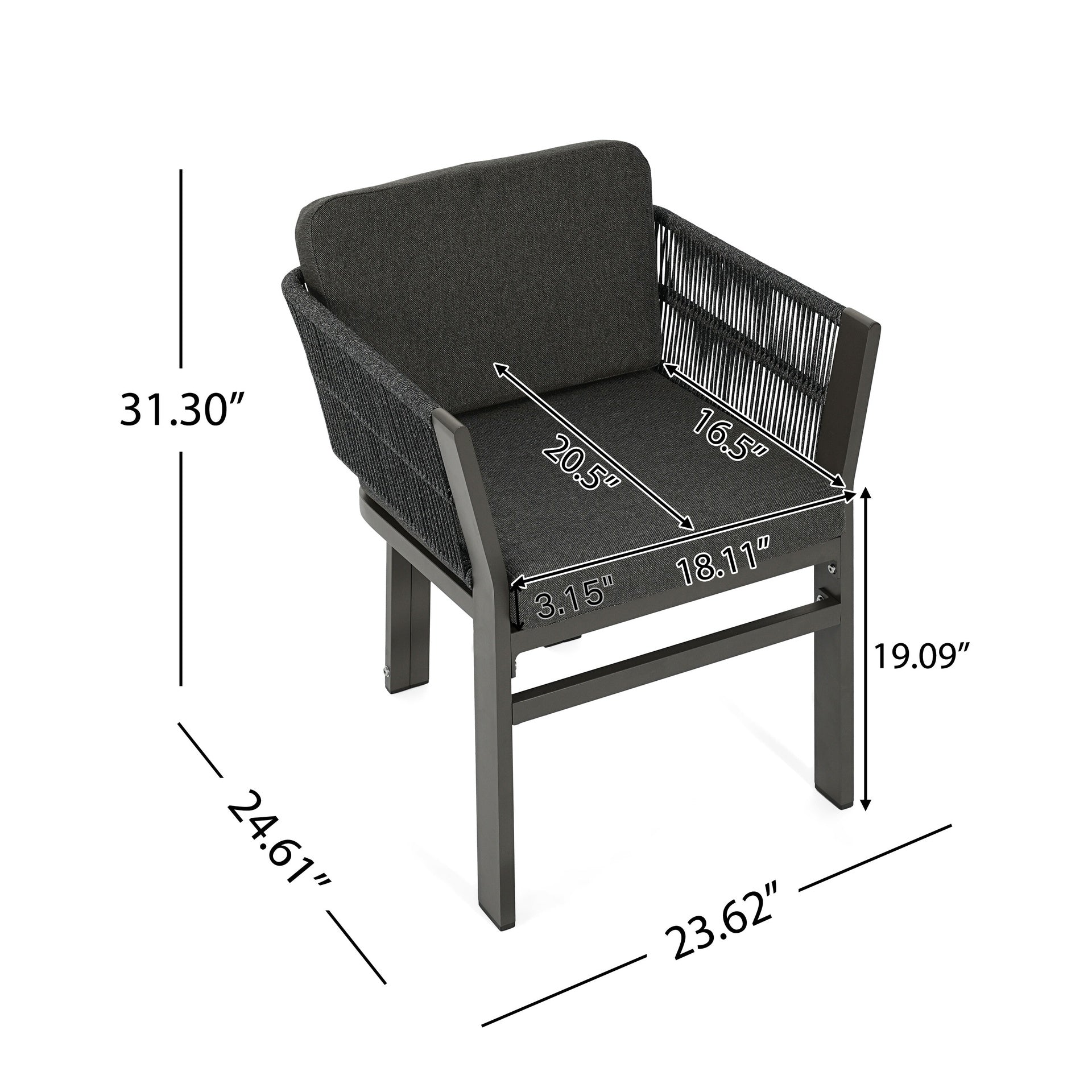 Outdoor Dining Chair Set of 2 ,Grey Aluminum Frame with Grey Cushion, 300lbs Capacity, All-Weather Patio Seating for Backyard, Deck & Garden