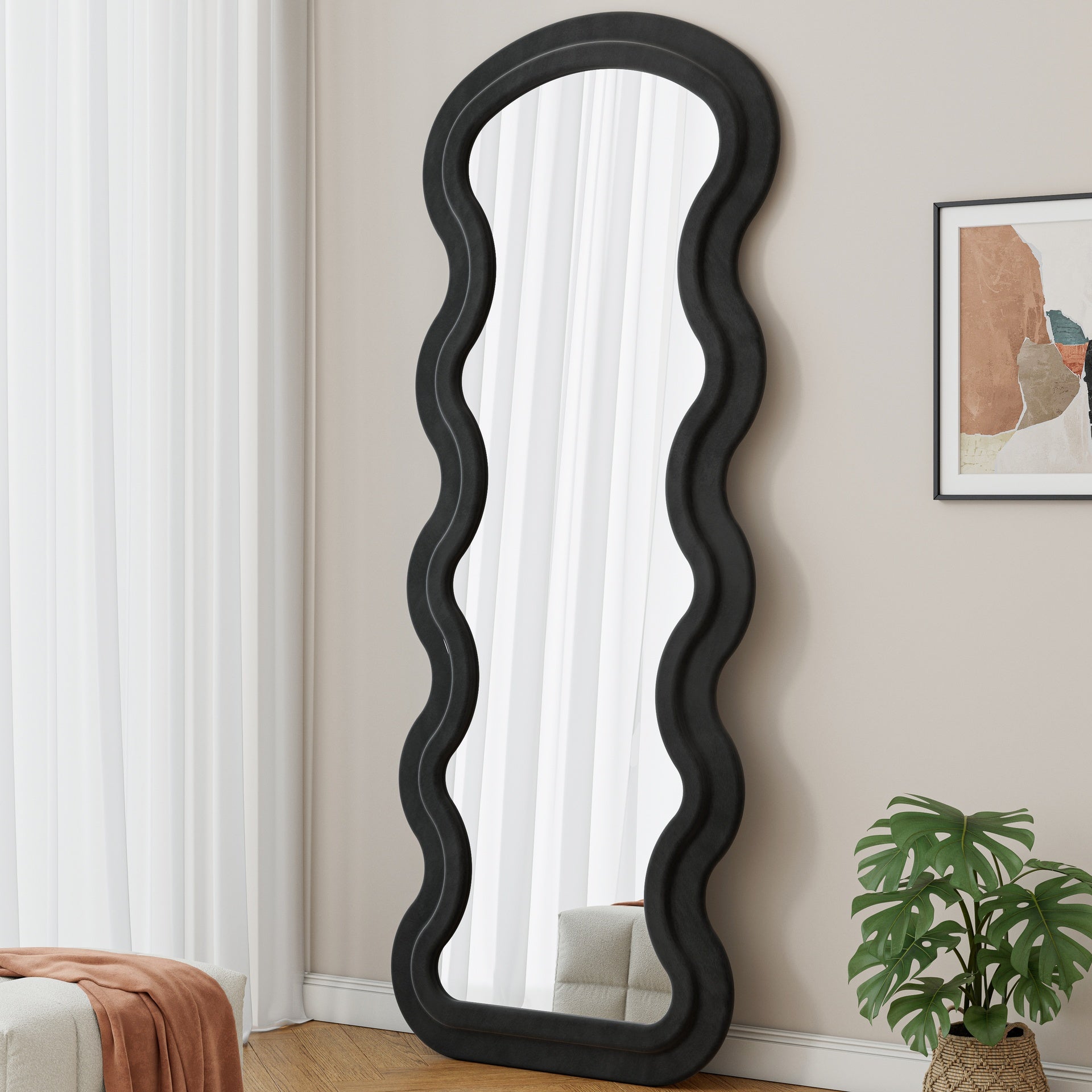 Flannel Full Length Wave black Floor Mirror with Stand for Bedroom living room Hanging or Against The Wall