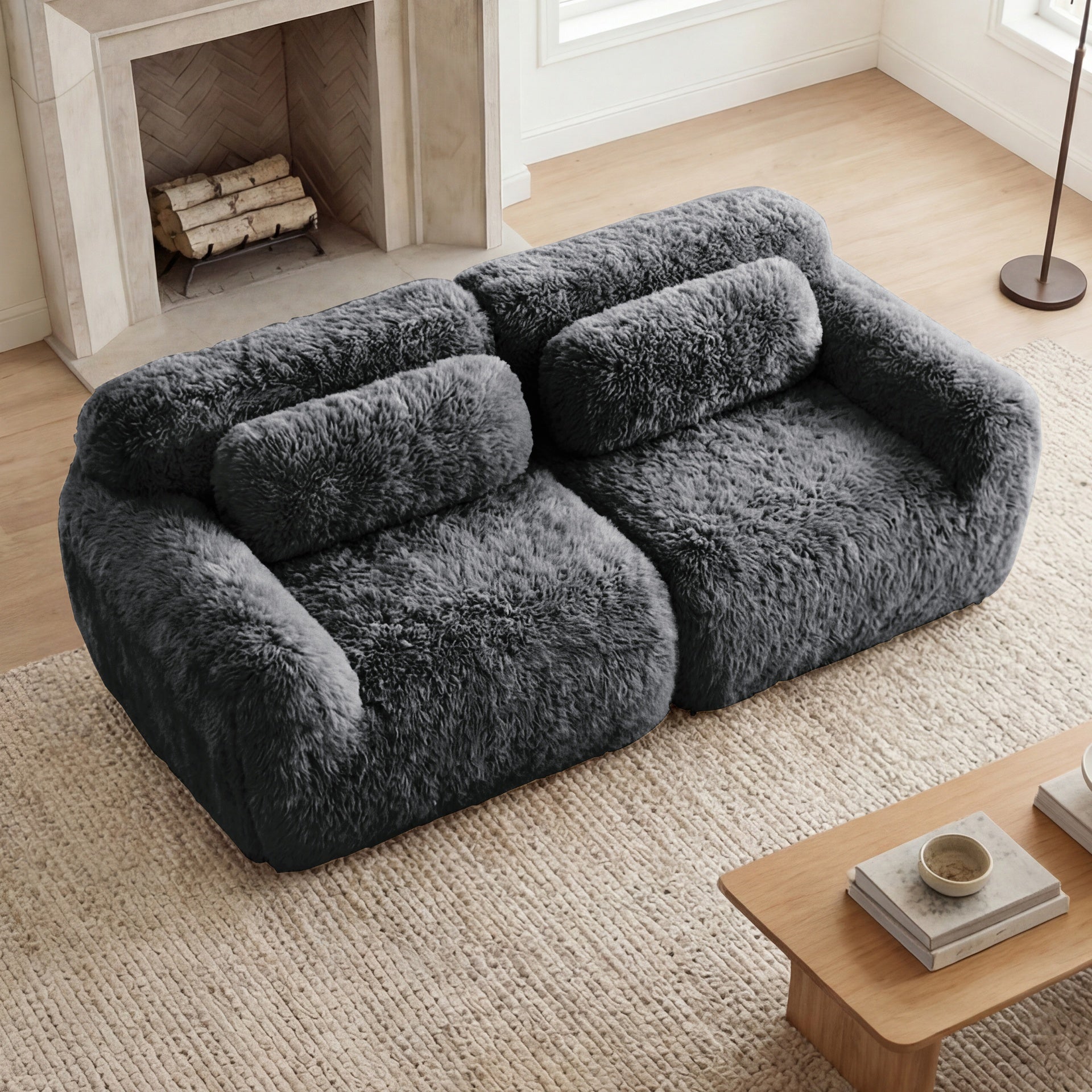 2-seater Modular Sectional Sofa Couches,Soft Fluffy Plush Fabric Bottom Anti-Slip Design,32D High Density Sponge,No Assembly Required  Ergonomic Design,With Throw Pillows  Fits Living Rooms,Dark Grey