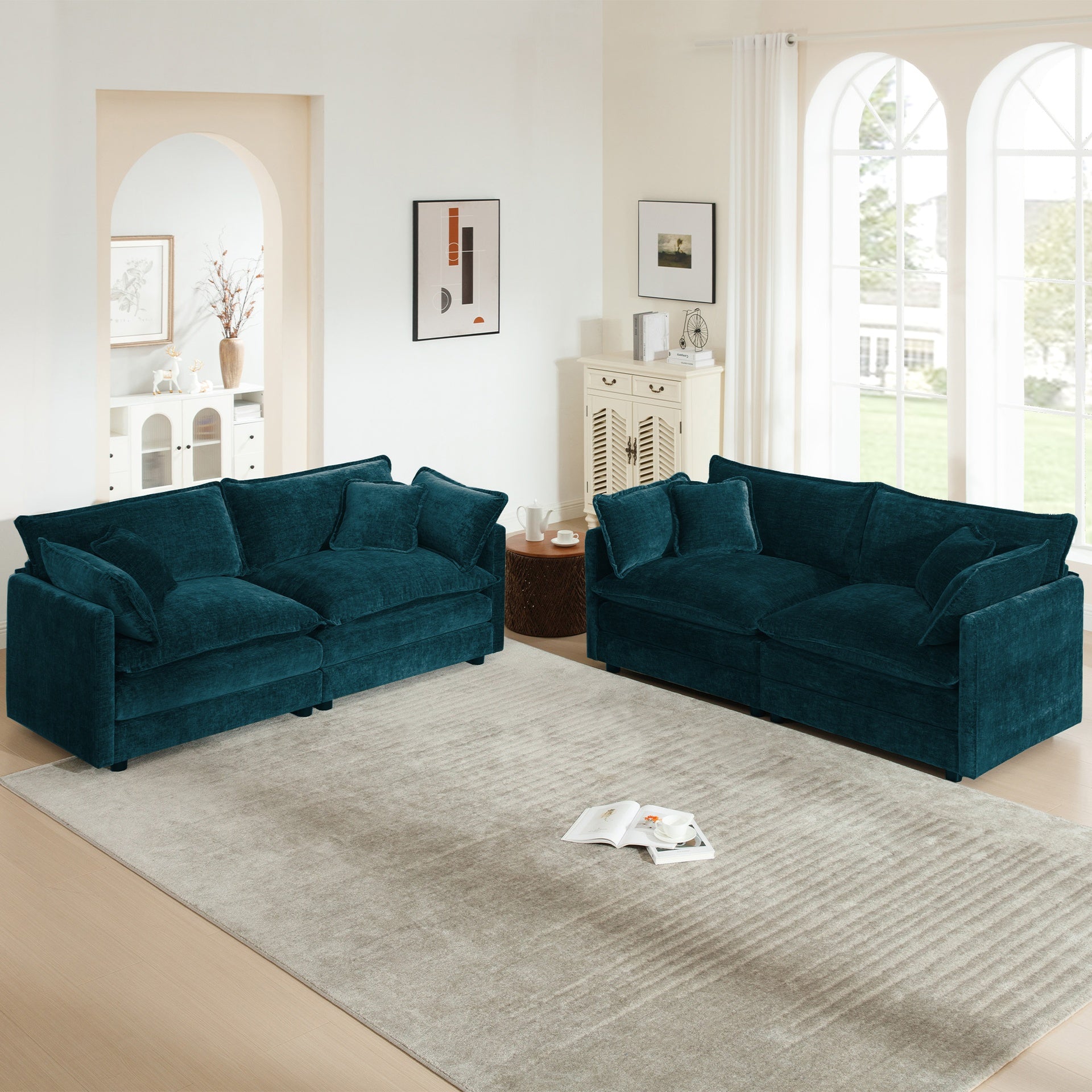 2 - Piece Living Room Set , 2 Pieces Upholstered Loveseat and Couch for Home Office Lounge,  Sofa Set of 2, 2-Piece (2+2 Seat) Couch Set For Living Room ,Blue Chenille