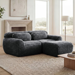 L-shaped Boneless Sofa,Soft Fluffy Plush Fabric,With Chaise 32D High Density Sponge,No Assembly Required ,Ergonomic Design Bottom Anti-Slip Design,With Throw Pillows,Fits Bedrooms,Dark Grey