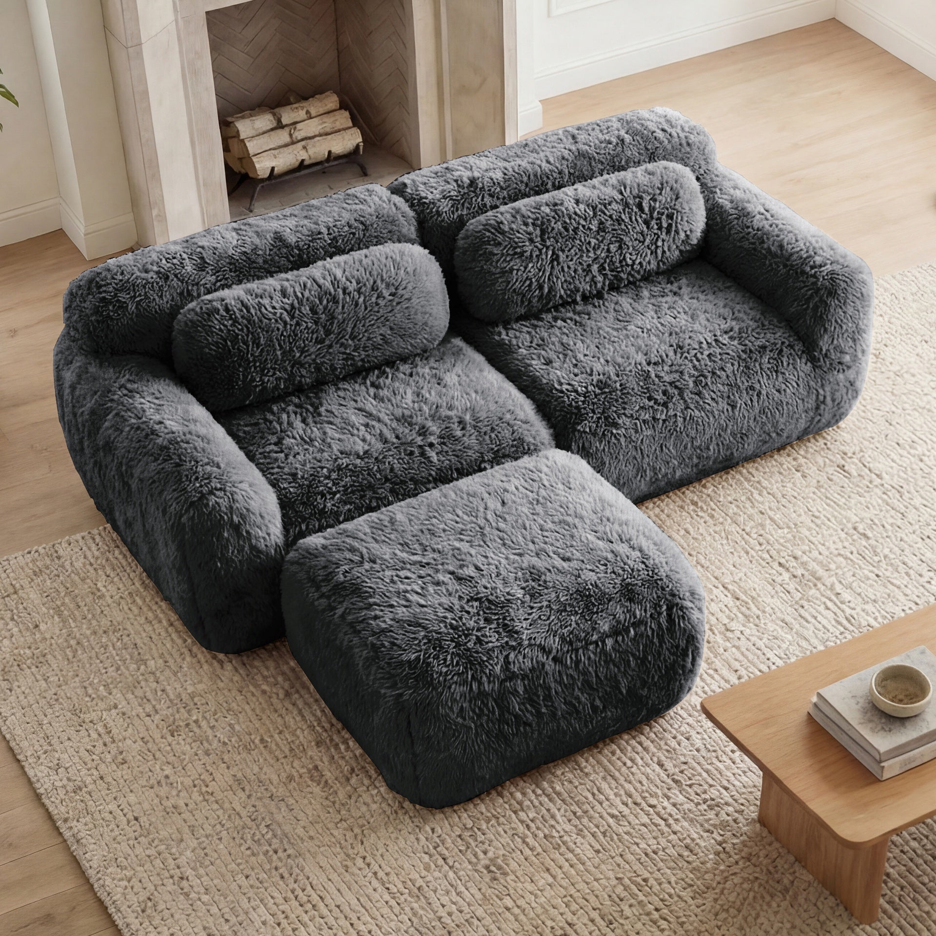 L-shaped Boneless Sofa,Soft Fluffy Plush Fabric,With Chaise 32D High Density Sponge,No Assembly Required ,Ergonomic Design Bottom Anti-Slip Design,With Throw Pillows,Fits Bedrooms,Dark Grey
