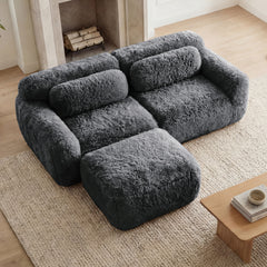L-shaped Boneless Sofa,Soft Fluffy Plush Fabric,With Chaise 32D High Density Sponge,No Assembly Required ,Ergonomic Design Bottom Anti-Slip Design,With Throw Pillows,Fits Bedrooms,Dark Grey