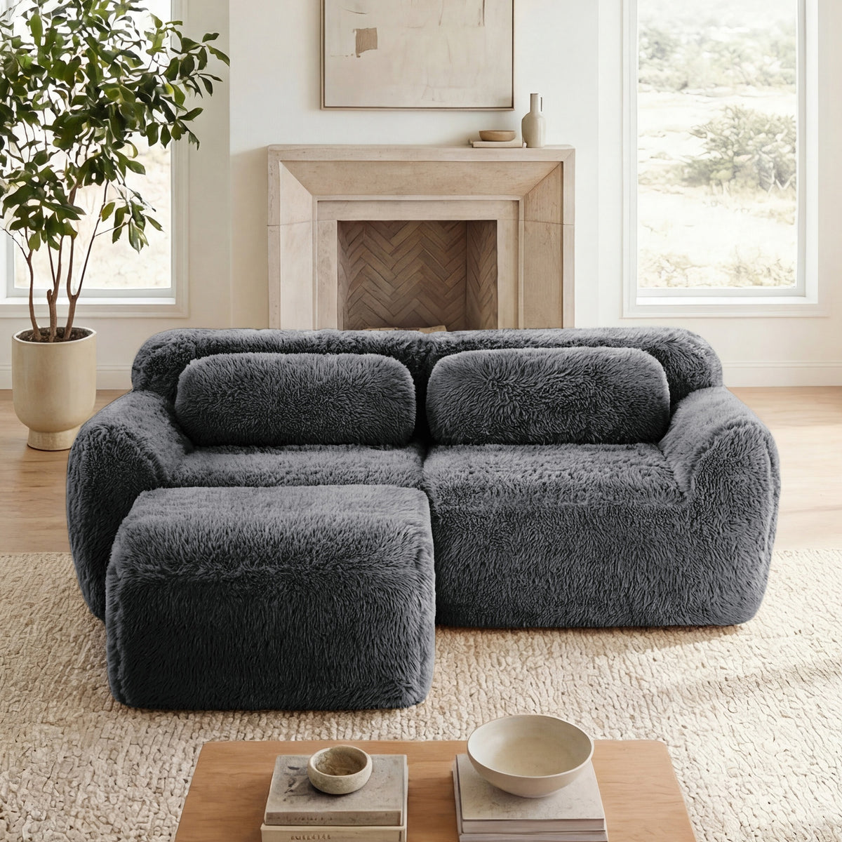 L-shaped Boneless Sofa,Soft Fluffy Plush Fabric,With Chaise 32D High Density Sponge,No Assembly Required ,Ergonomic Design Bottom Anti-Slip Design,With Throw Pillows,Fits Bedrooms,Dark Grey