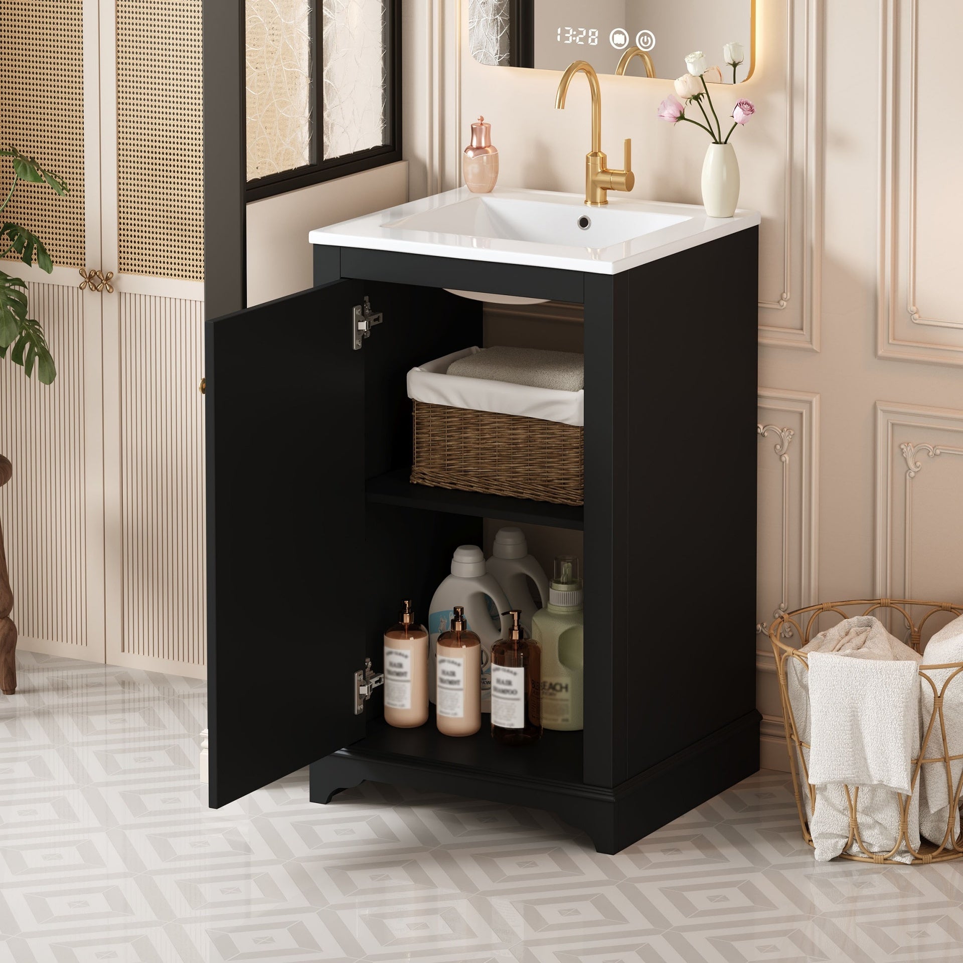 20-inch Bathroom Vanity with Ceramic Sink, Freestanding Single Vanity Set with Soft Closing Door, adjustable shelf, Modern Style, Black.