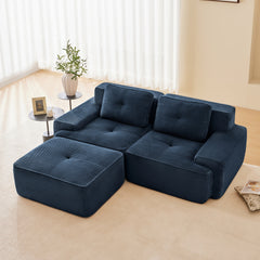 82" Modern L-Shaped Modular Sectional Sofa for Living Room, Corduroy Fabric, 2-Seater Couch with Deep Seat and Movable Ottoman, Pearl-like piping, Tufted Design, No Assembly, Anti-slip Design, Blue