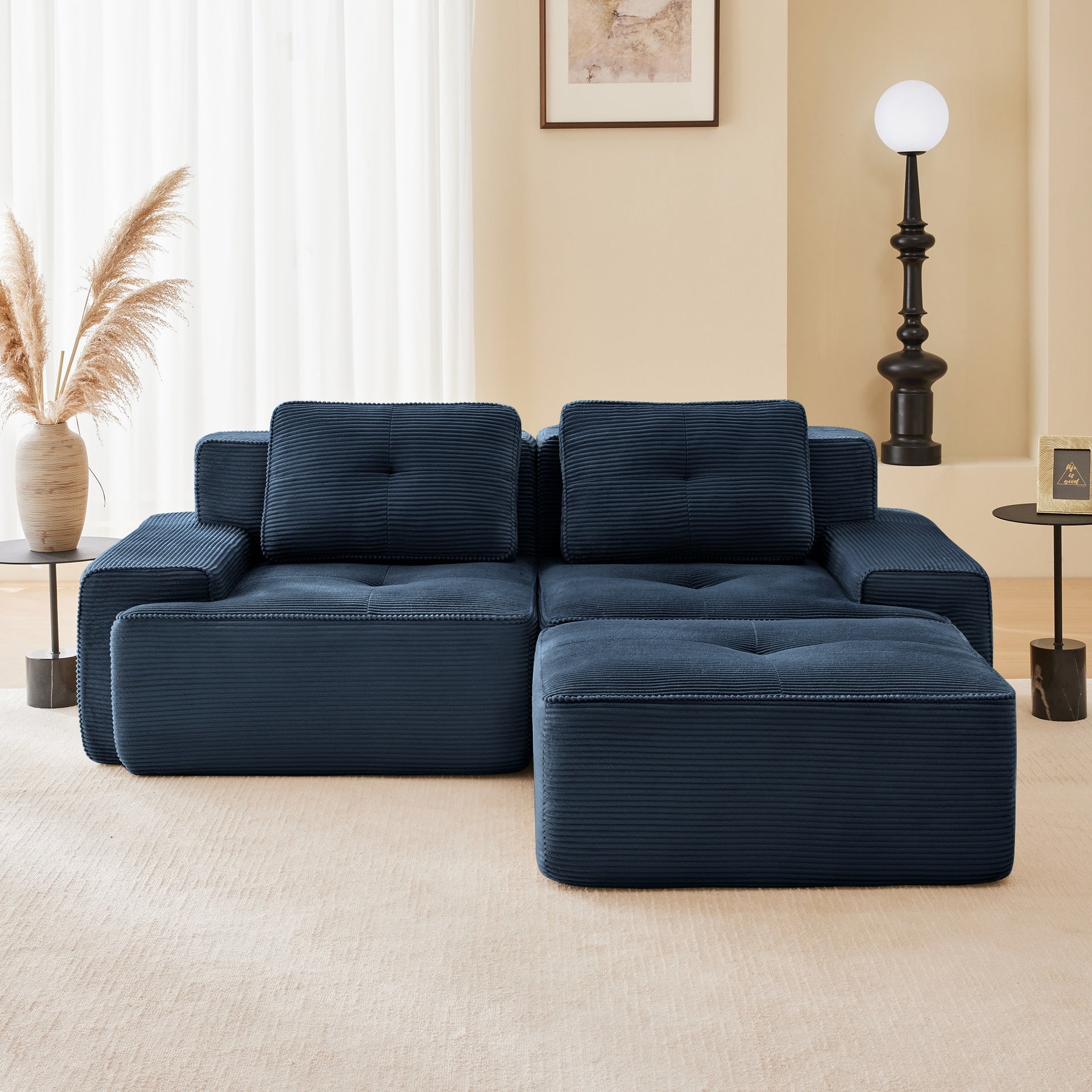 82" Modern L-Shaped Modular Sectional Sofa for Living Room, Corduroy Fabric, 2-Seater Couch with Deep Seat and Movable Ottoman, Pearl-like piping, Tufted Design, No Assembly, Anti-slip Design, Blue