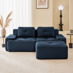 82" Modern L-Shaped Modular Sectional Sofa for Living Room, Corduroy Fabric, 2-Seater Couch with Deep Seat and Movable Ottoman, Pearl-like piping, Tufted Design, No Assembly, Anti-slip Design, Blue