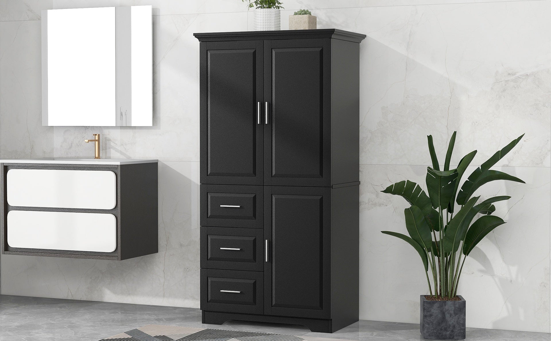 Tall and Wide Storage Cabinet with Doors for Bathroom/Office, Three Drawers, Black